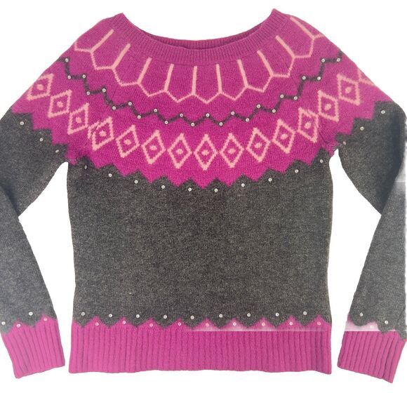 Vtg Wool & Angora Fair Isle Sweater Sz PS Pink Charcoal Gray Sequins Ultra‎ Soft - Picture 3 of 14
